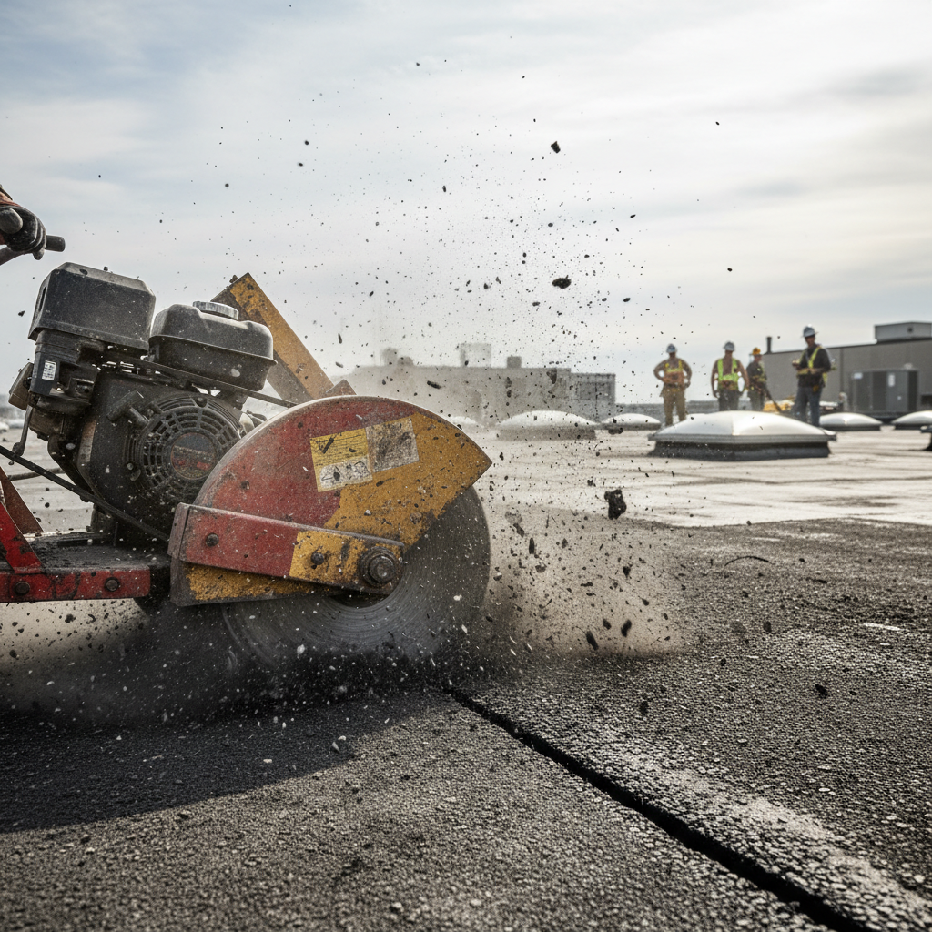 A power spud machine tearing up an old built-up roof, demonstrating how non-friable asbestos can become friable.