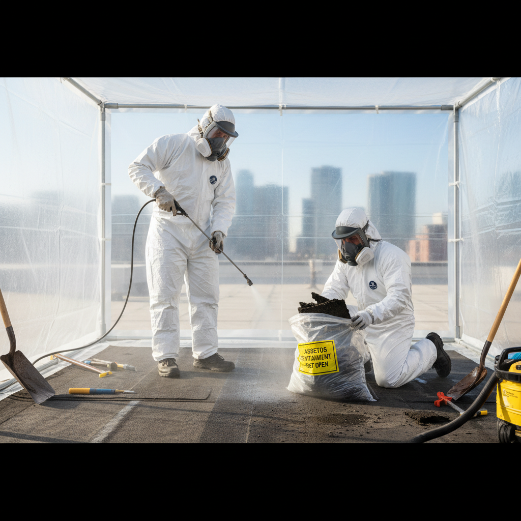 Asbestos abatement workers in full PPE safely removing hazardous roofing materials from a commercial building.