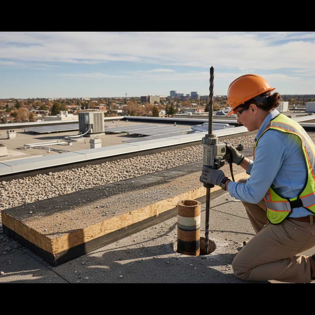 An inspector taking a core sample from a commercial roof to test for asbestos in its various layers.