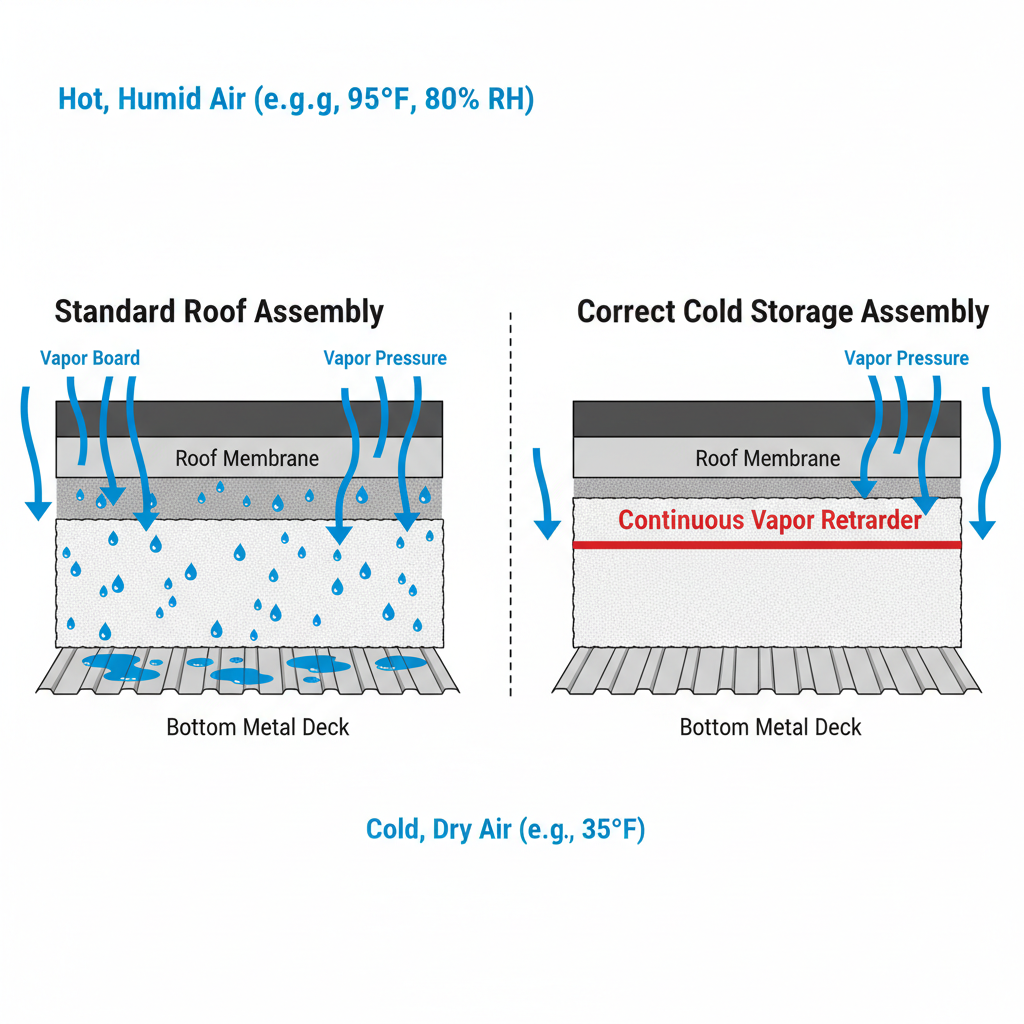 Diagram comparing a failed standard roof with a successful cold storage roof assembly.