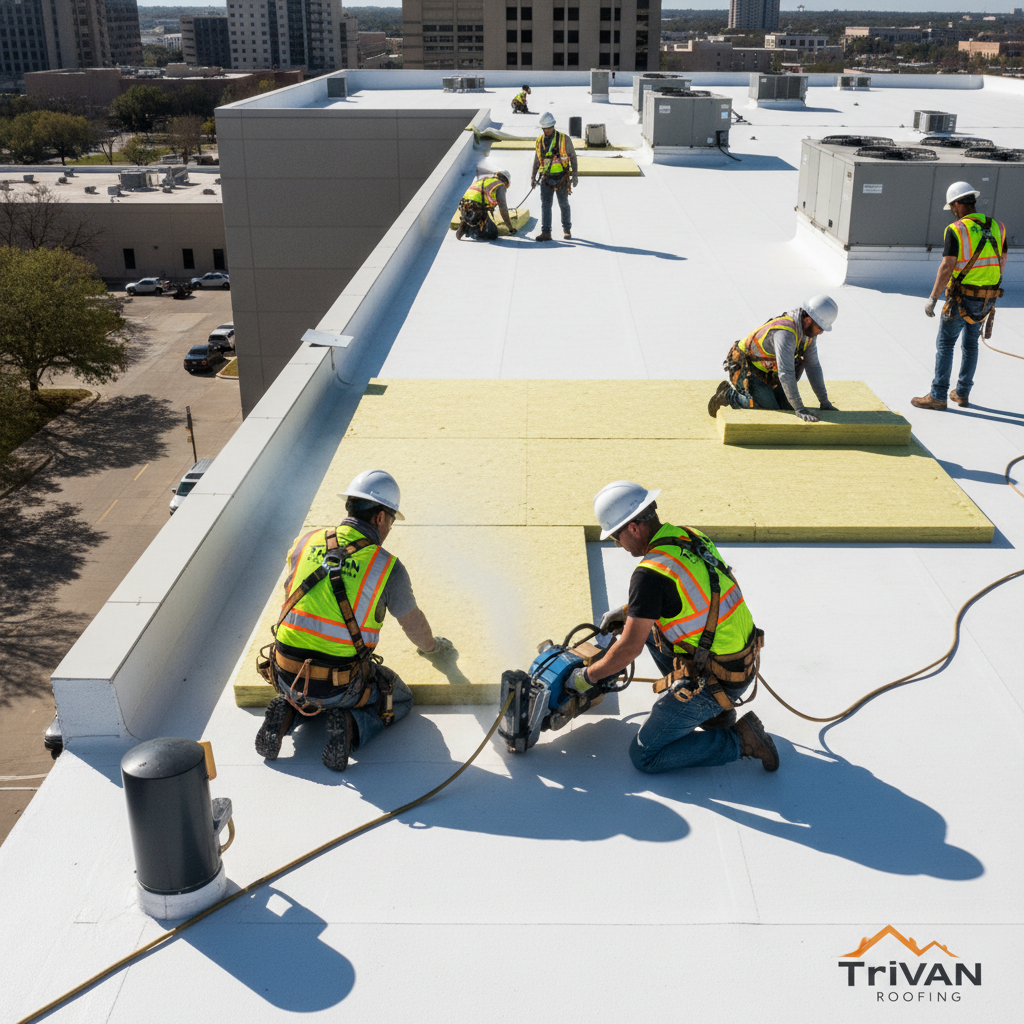 Professional roofing crew installing a multi-layer commercial roof system with thick insulation.