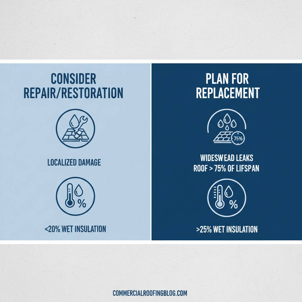 A diagram comparing factors for commercial roof repair versus full roof replacement.