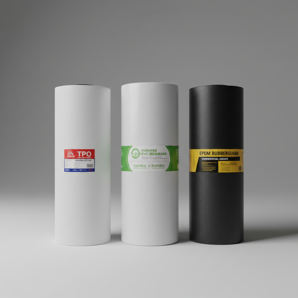 Side-by-side comparison of TPO, PVC, and EPDM commercial roofing material rolls.
