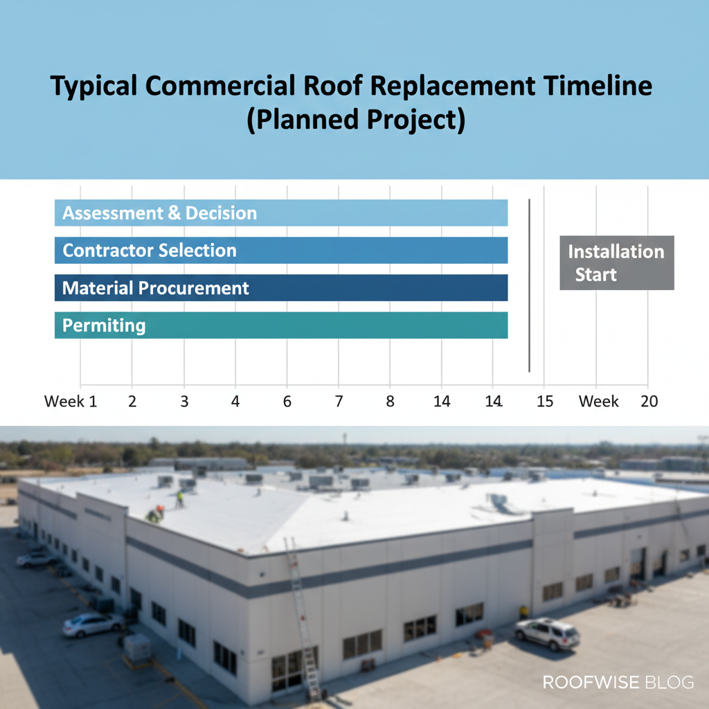 Infographic showing a 10 to 20 week timeline for a commercial roof replacement project.