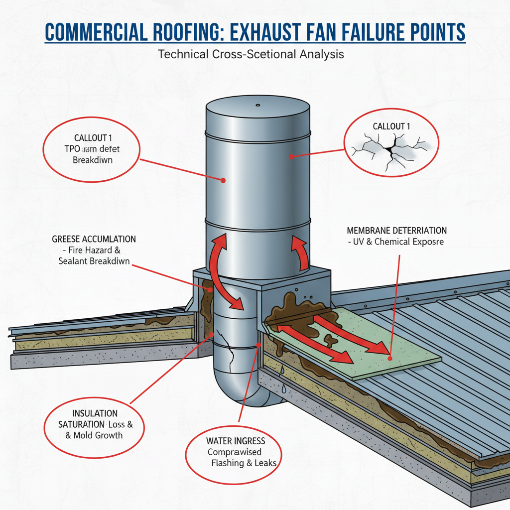 Technical diagram showing grease damage progression on commercial kitchen roof TPO membrane