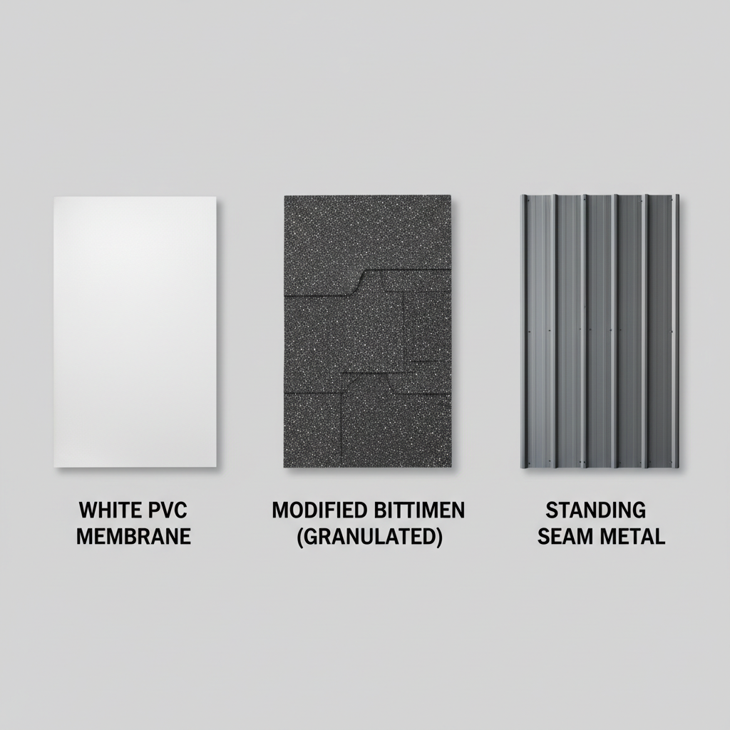 Three grease-resistant roofing materials: PVC membrane, modified bitumen, and standing seam metal