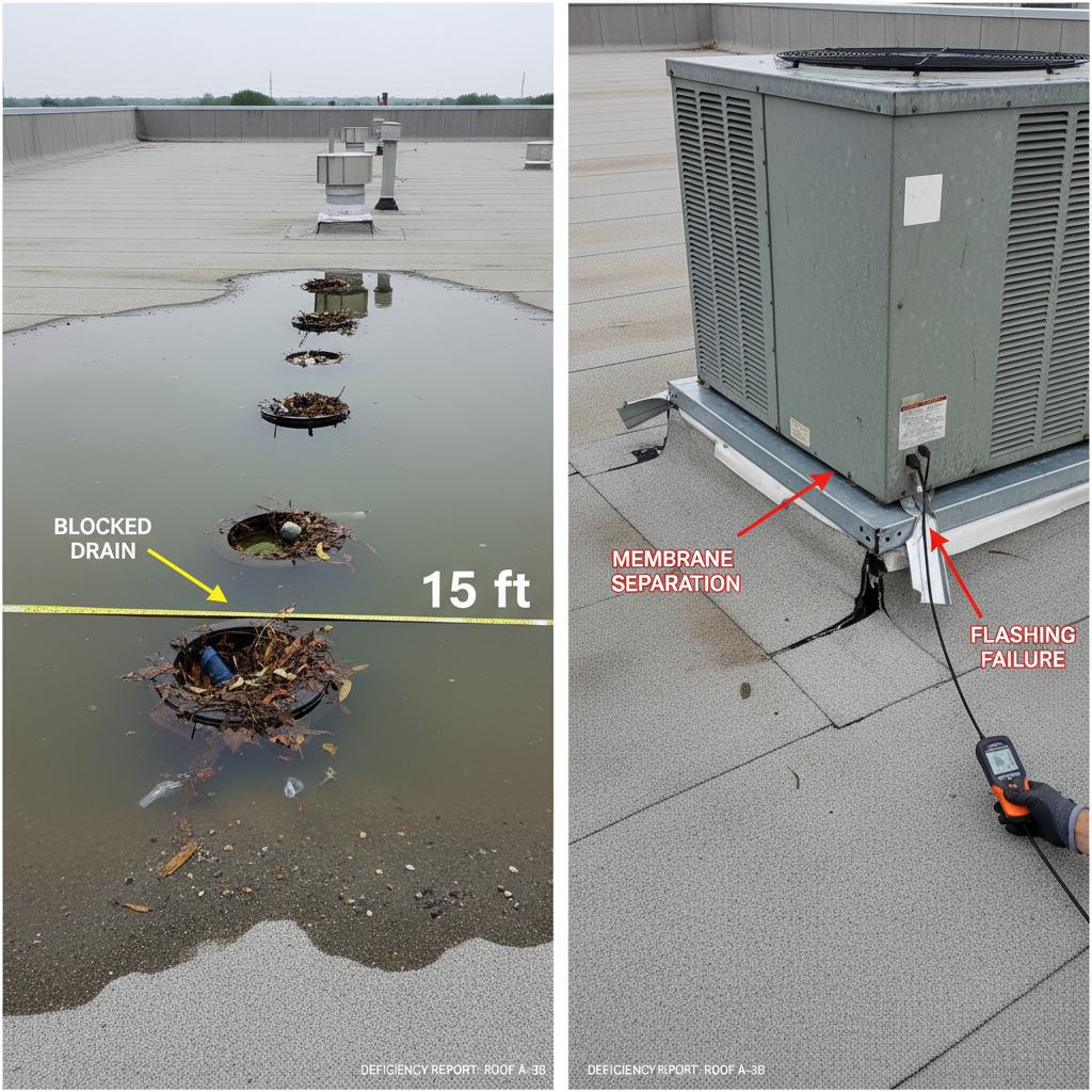 Commercial roof showing ponding water and membrane separation requiring immediate repair