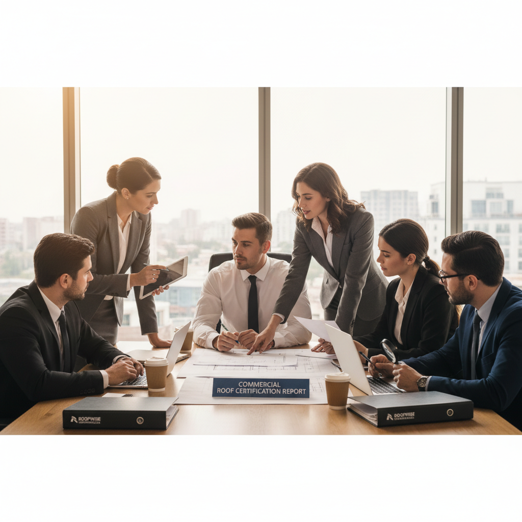 Commercial real estate team reviewing roof certification report during property transaction