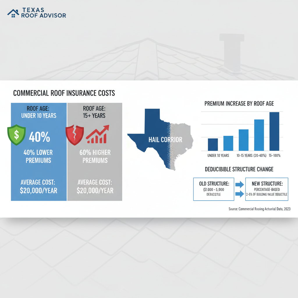 Commercial roof age insurance premium comparison chart Texas wind hail deductible costs infographic