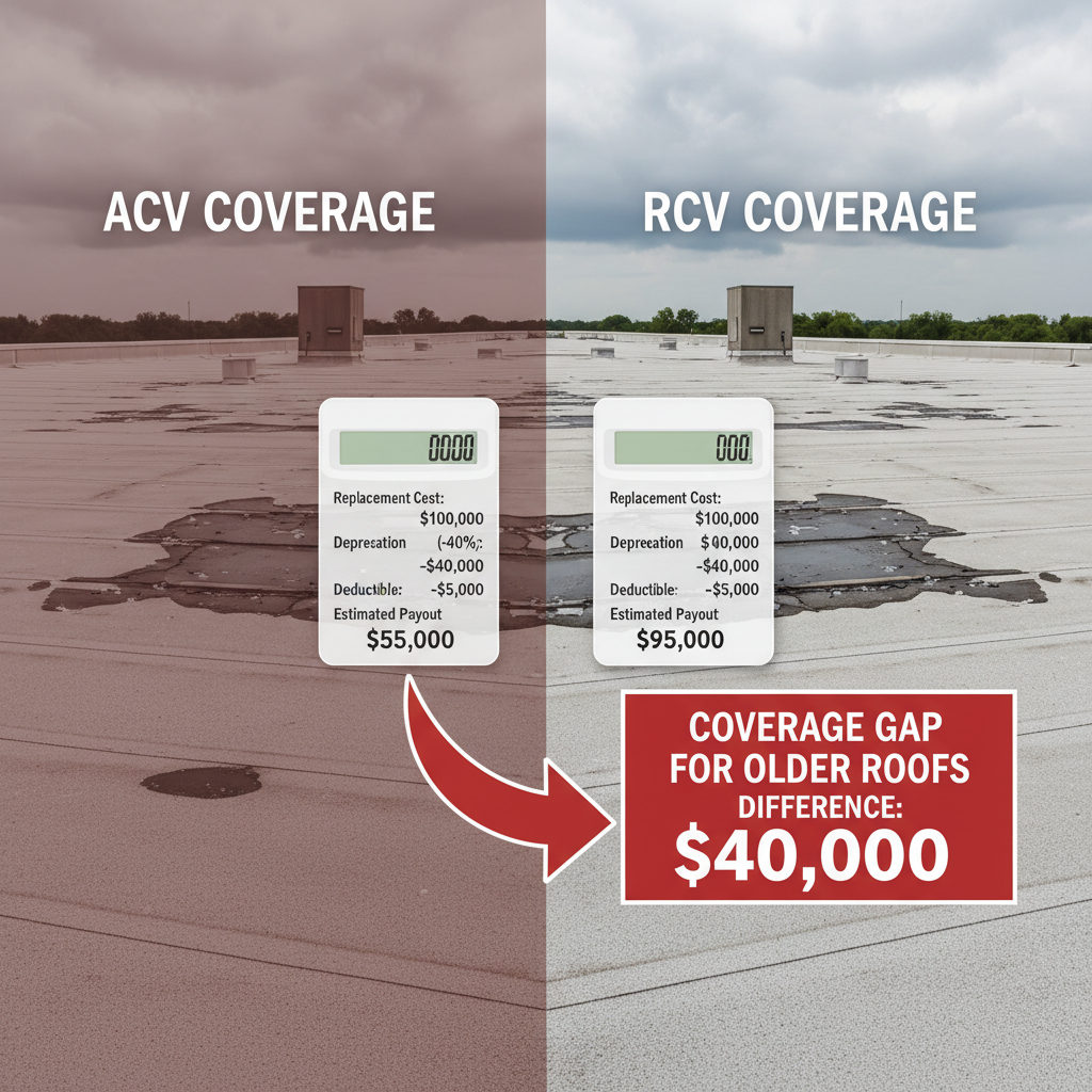 ACV vs RCV coverage comparison commercial roof depreciation insurance payout difference Texas