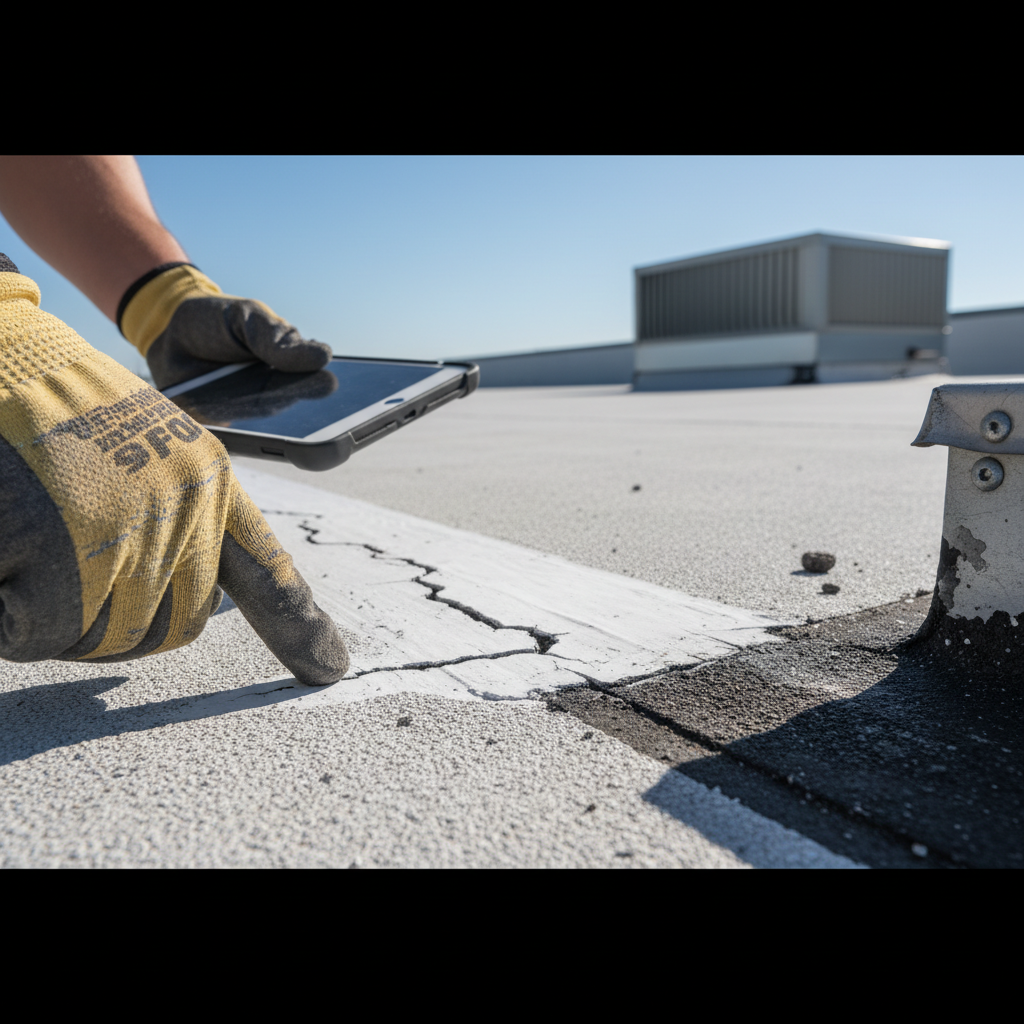 Close-up of a failing commercial roof seam being documented during a roof condition assessment in Texas.