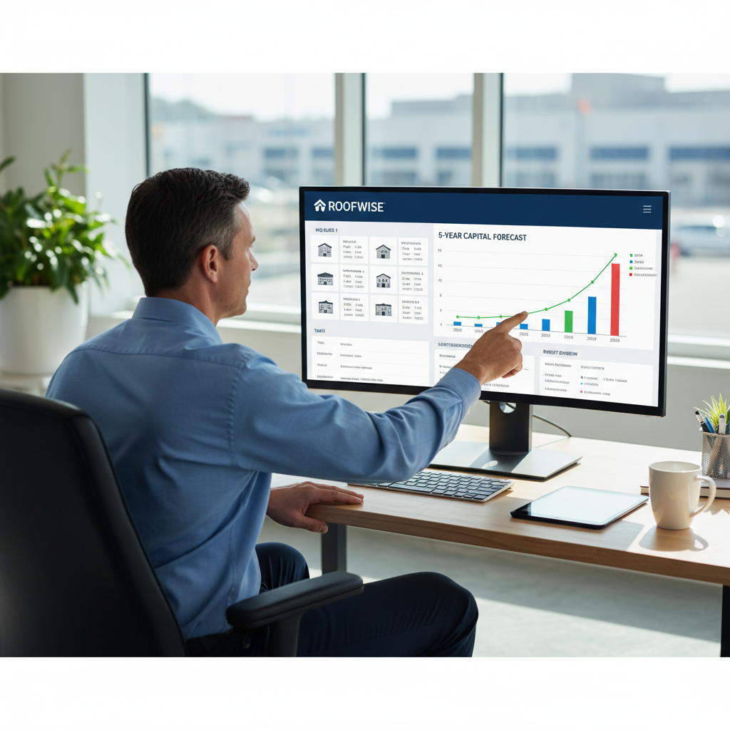A facility manager reviews a roof asset management dashboard showing capital budget forecasts and building condition data.