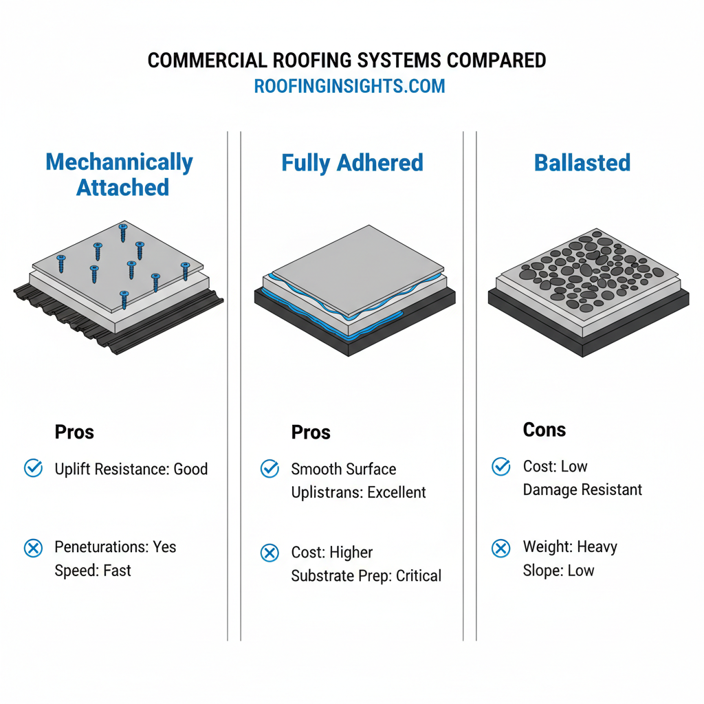 Infographic comparing mechanically attached, fully adhered, and ballasted commercial roofing systems.