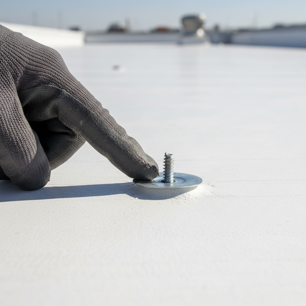 Close-up of a backed-out fastener on a commercial roof membrane being inspected.