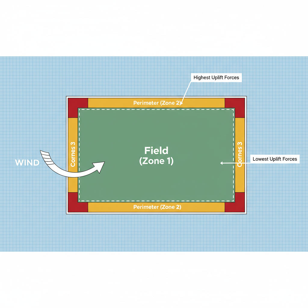 Diagram of a commercial roof showing ASCE 7-22 wind zones for field, perimeter, and corners.