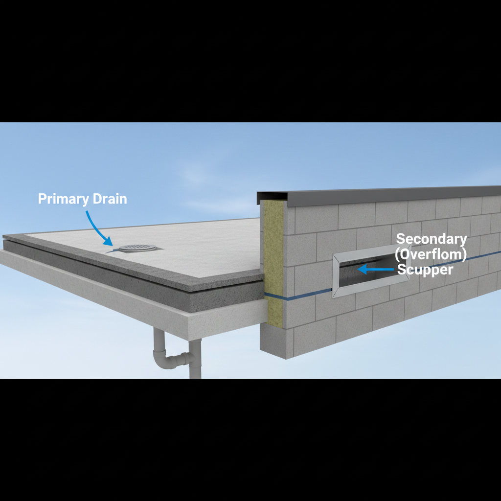 Diagram illustrating a primary roof drain and a secondary overflow scupper drain set 2 inches higher on a commercial roof.