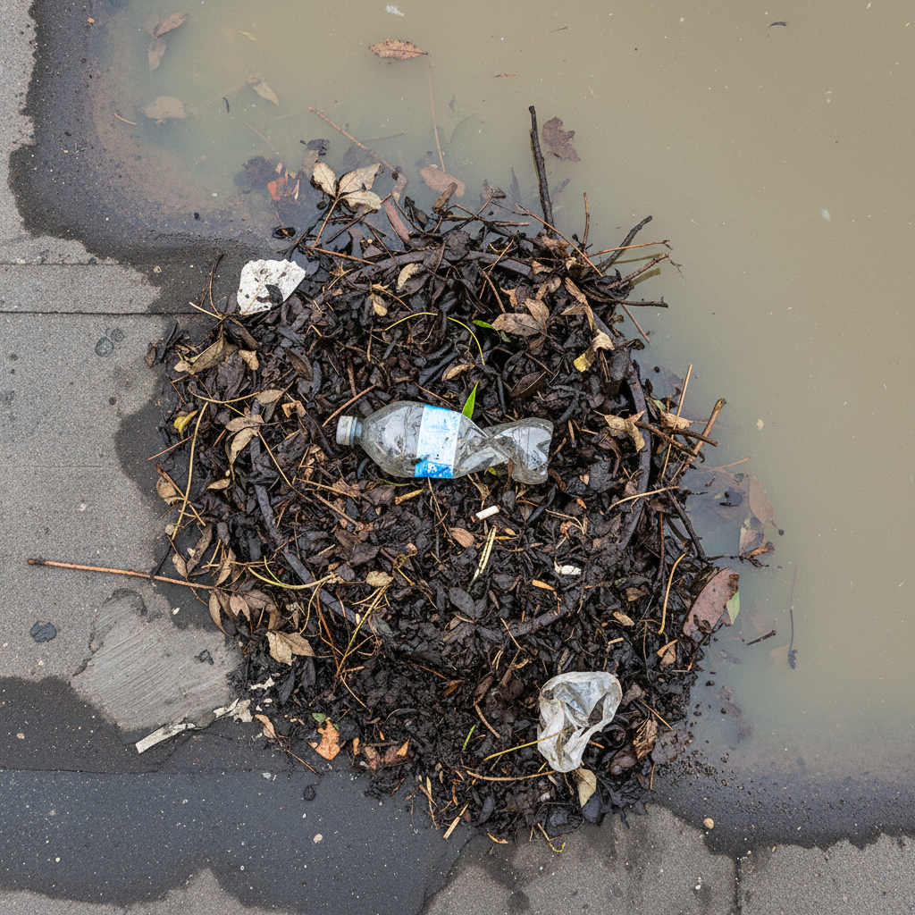 A close-up photo of a completely clogged commercial roof drain filled with leaves, mud, and trash.
