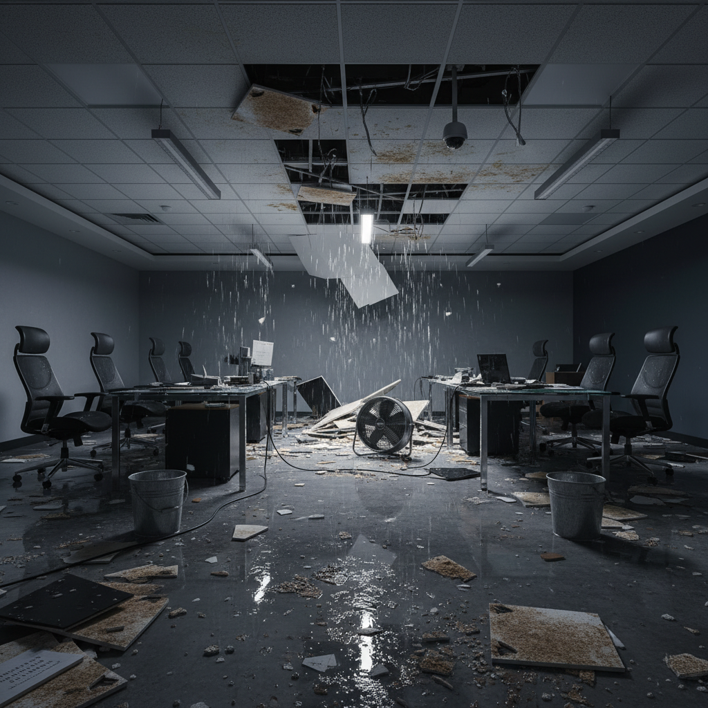 The interior of an office showing extensive water damage from a roof leak, with collapsed ceiling tiles and wet equipment.