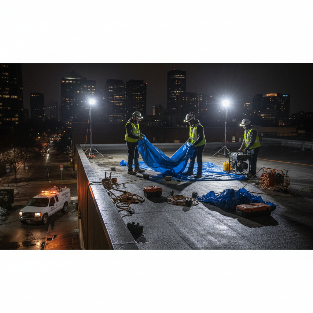 Emergency roofing crew working at night with proper lighting and safety equipment on commercial building