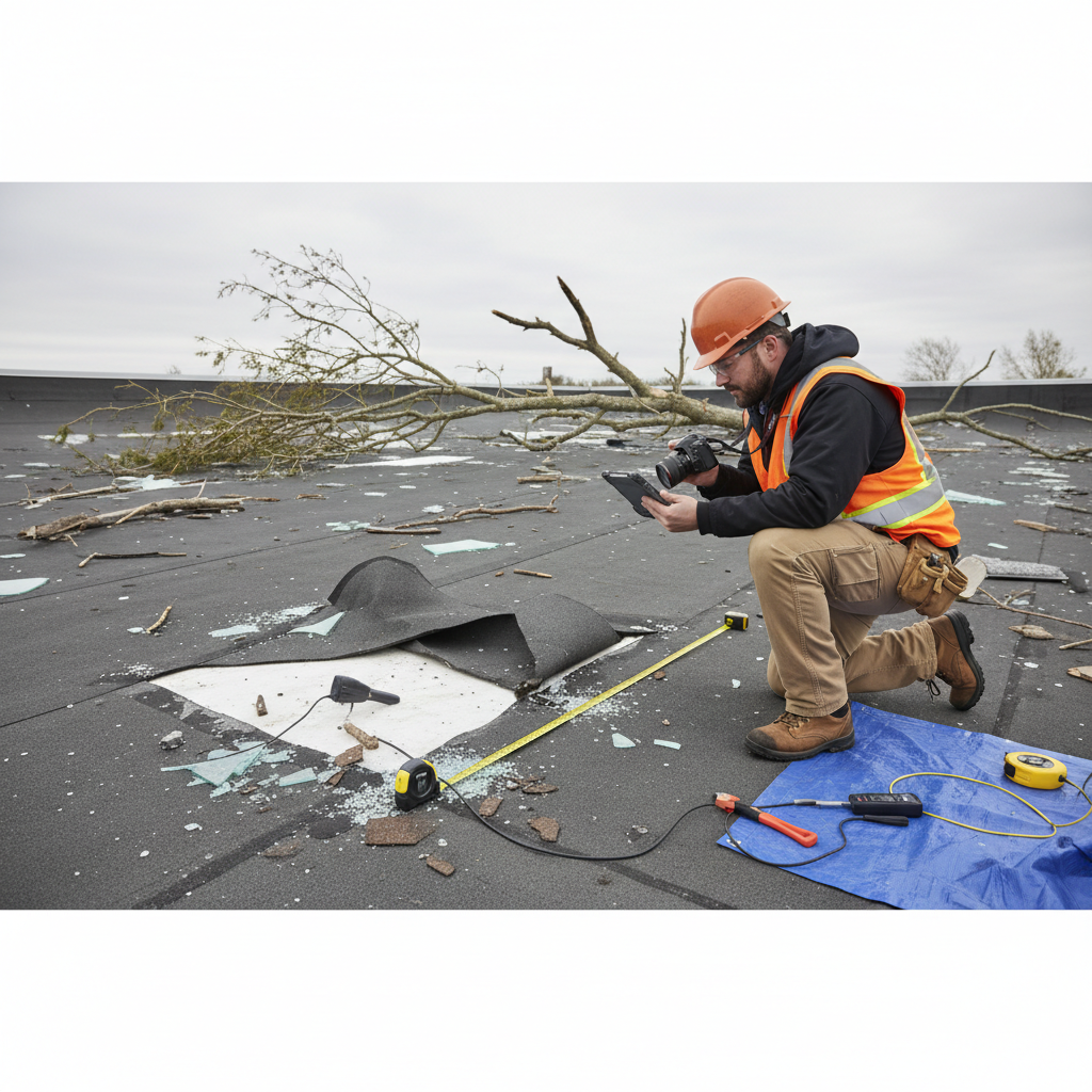 Commercial roofing contractor documenting storm damage with professional assessment tools and safety equipment