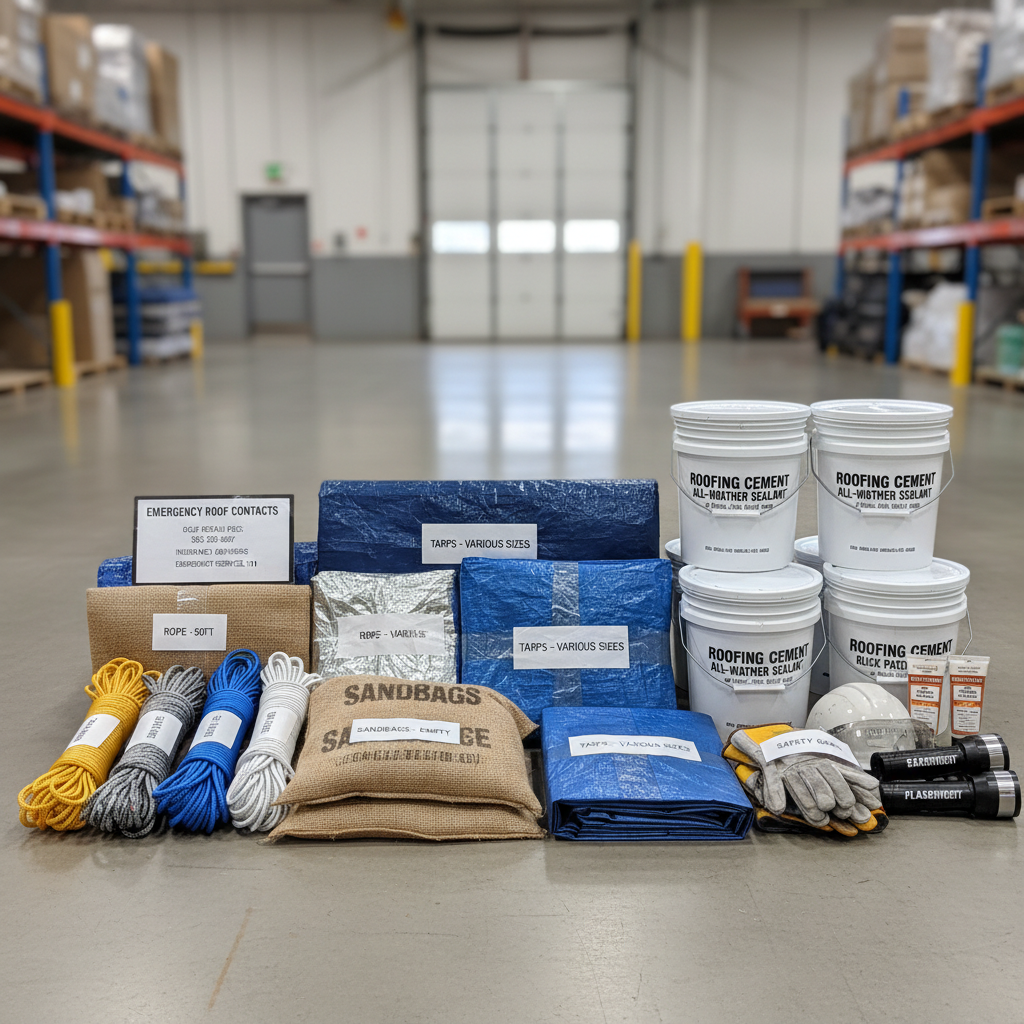 Organized emergency roof repair supply kit with tarps, rope, tools, and safety equipment