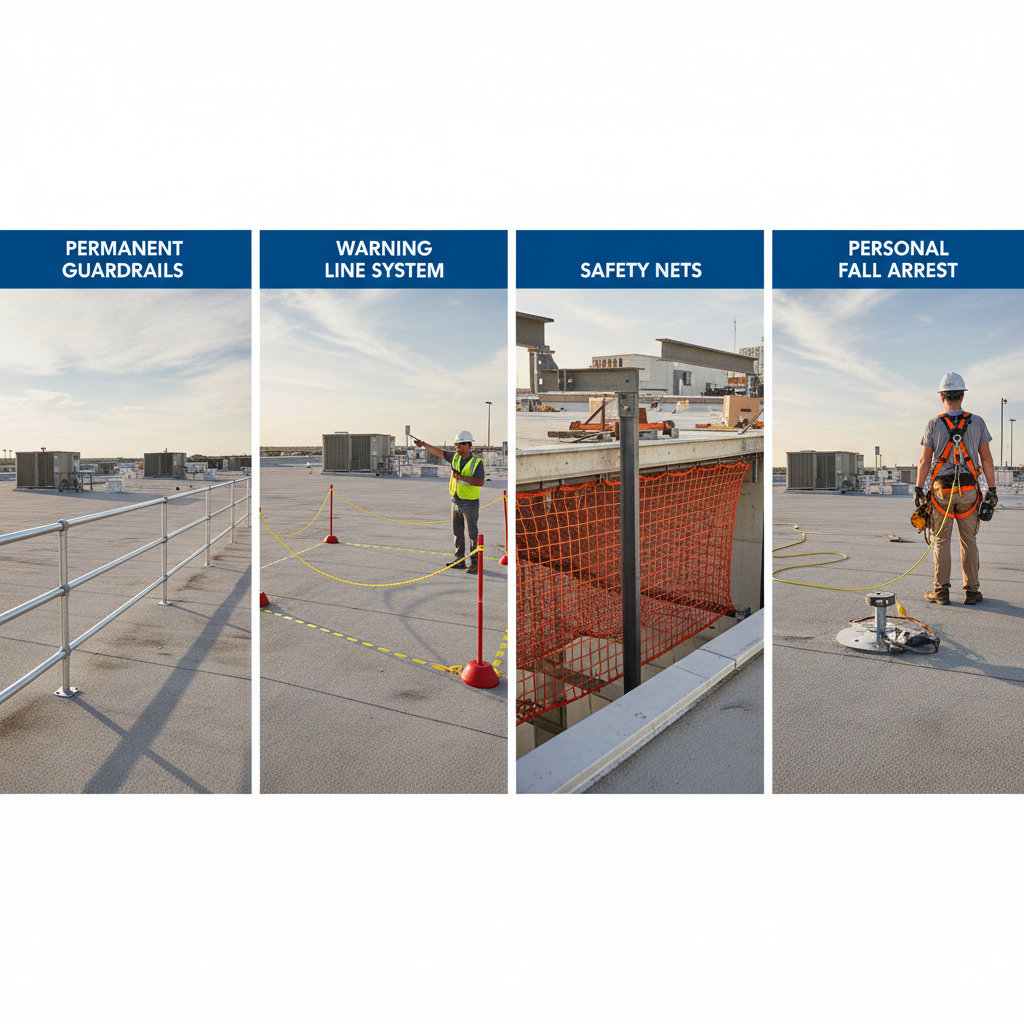 Four types of OSHA compliant fall protection systems including guardrails and personal fall arrest equipment