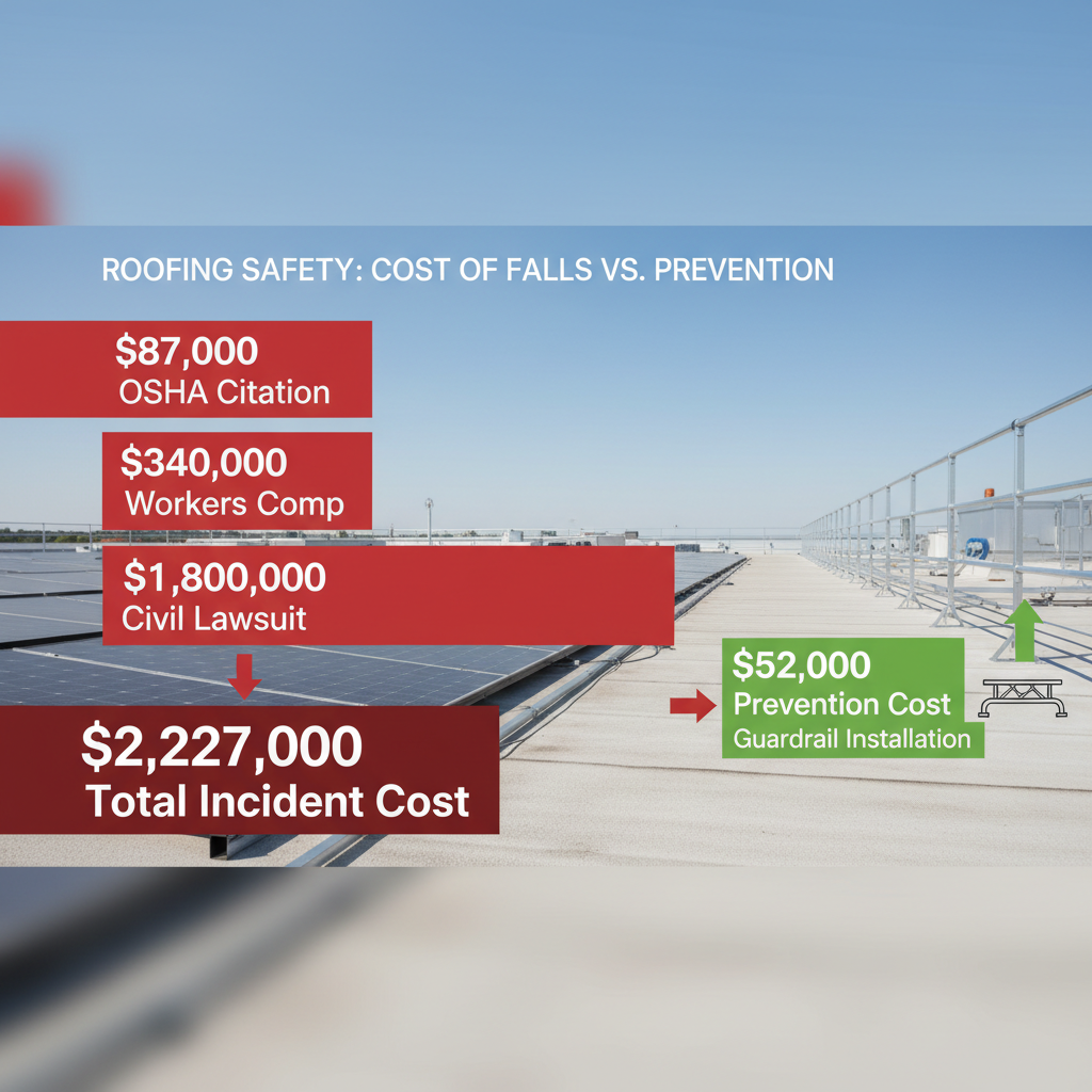 Cost comparison chart showing $2.2 million incident costs versus $52,000 prevention costs for roof fall protection