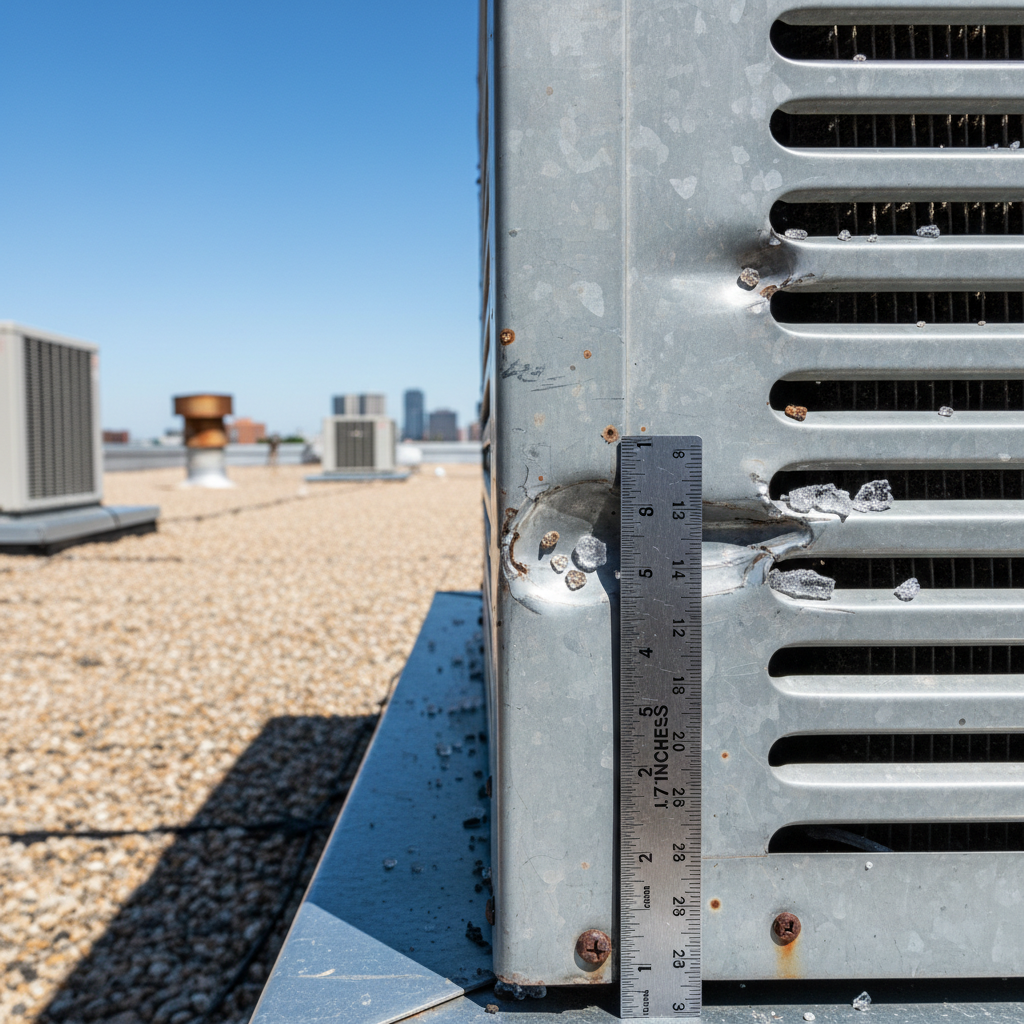 A dented metal HVAC unit on a commercial roof, showing clear evidence of large hail impacts.