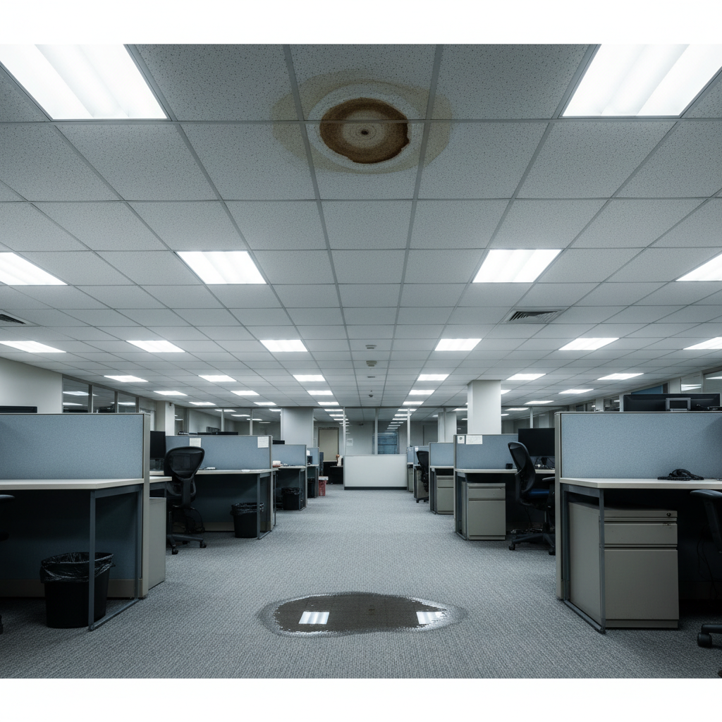 A water-stained ceiling tile and a puddle on the carpet in an office, indicating a roof leak.