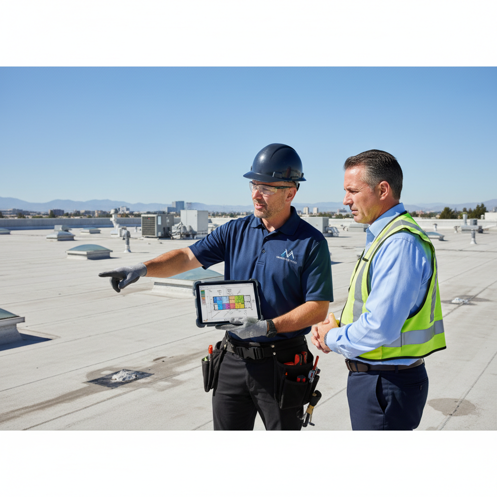 A commercial roofing contractor from TriVAN Roofing explaining a damage report to a facility manager on a rooftop.