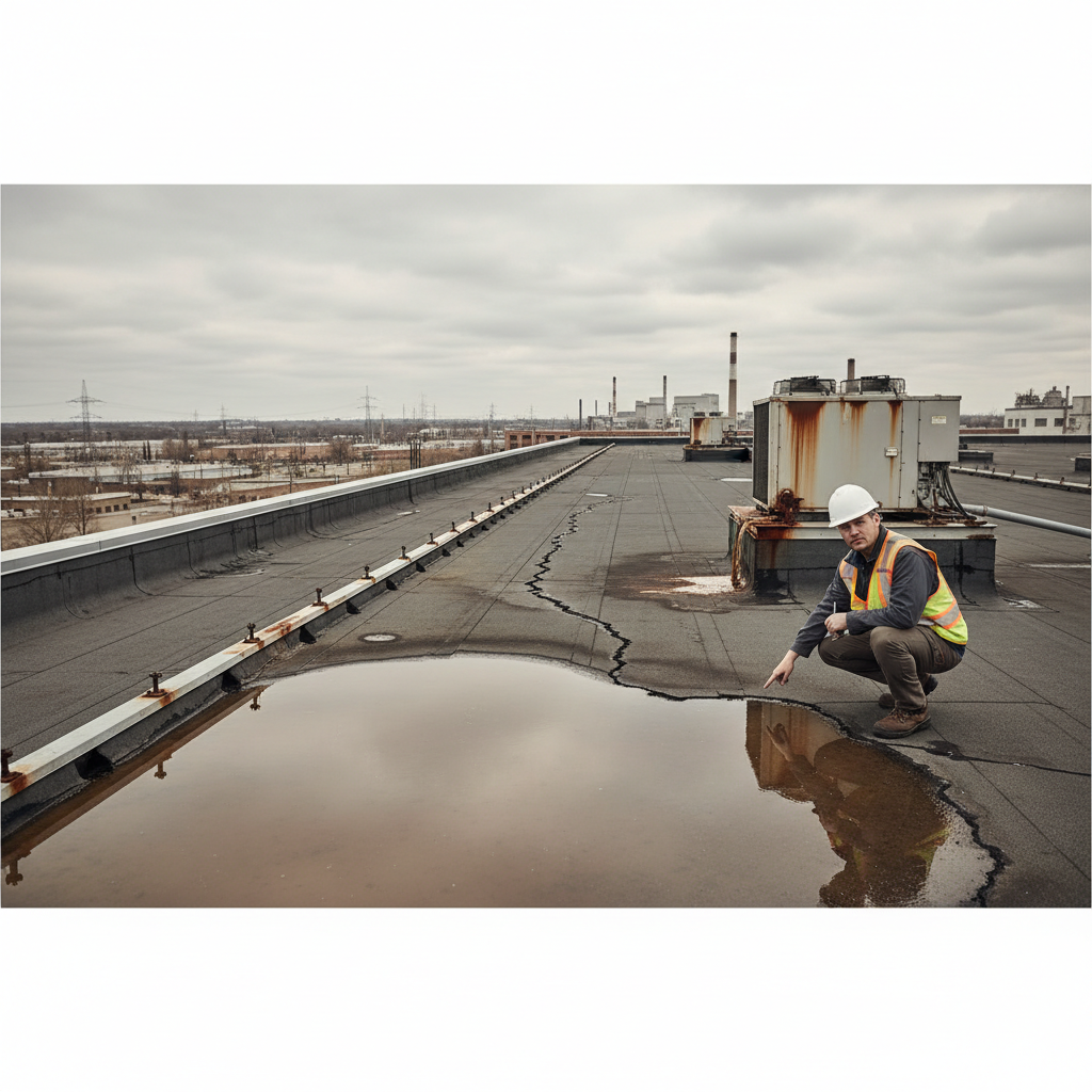 Commercial roof inspection showing deterioration warning signs that require accelerated replacement planning