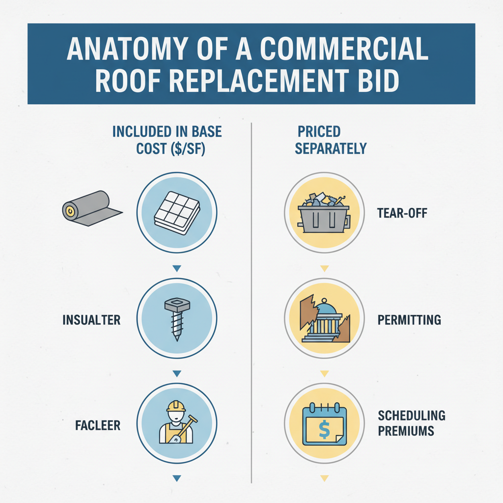 Infographic showing cost components included and excluded in a commercial roofing bid.