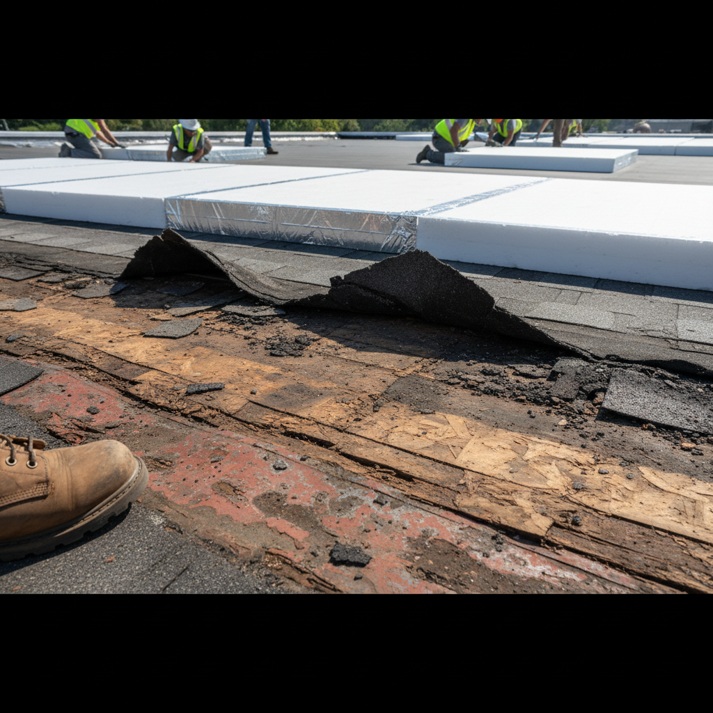 Rotted wood decking on a commercial roof exposed during a roof replacement project.