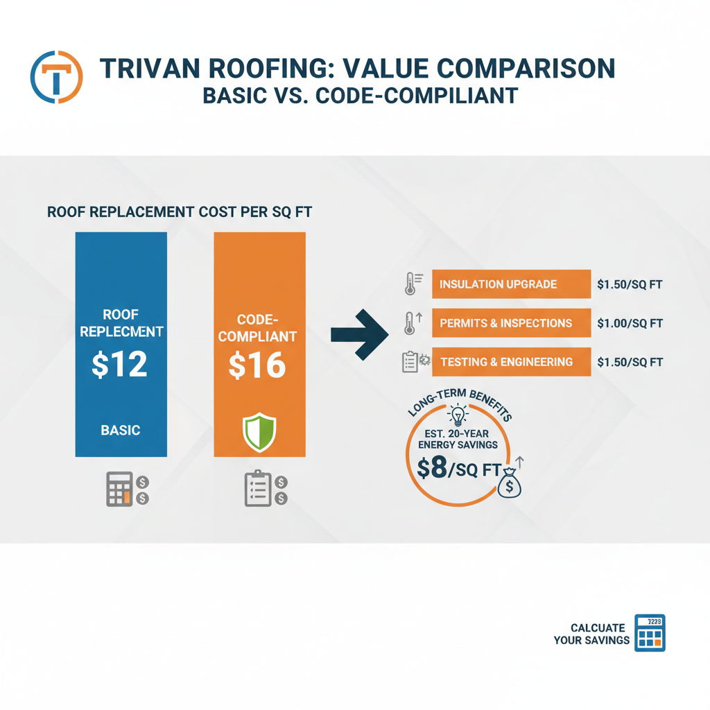 Commercial roof replacement cost comparison showing energy code compliance impact