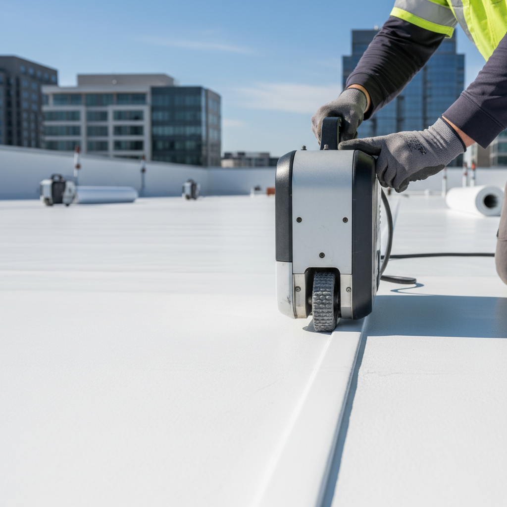 A close-up of an automatic heat welder sealing a seam on a white TPO commercial roof, demonstrating a low-odor installation method.