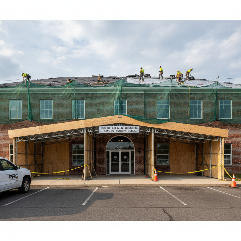 A covered walkway and debris netting protecting the entrance of a commercial building during a roof replacement project.