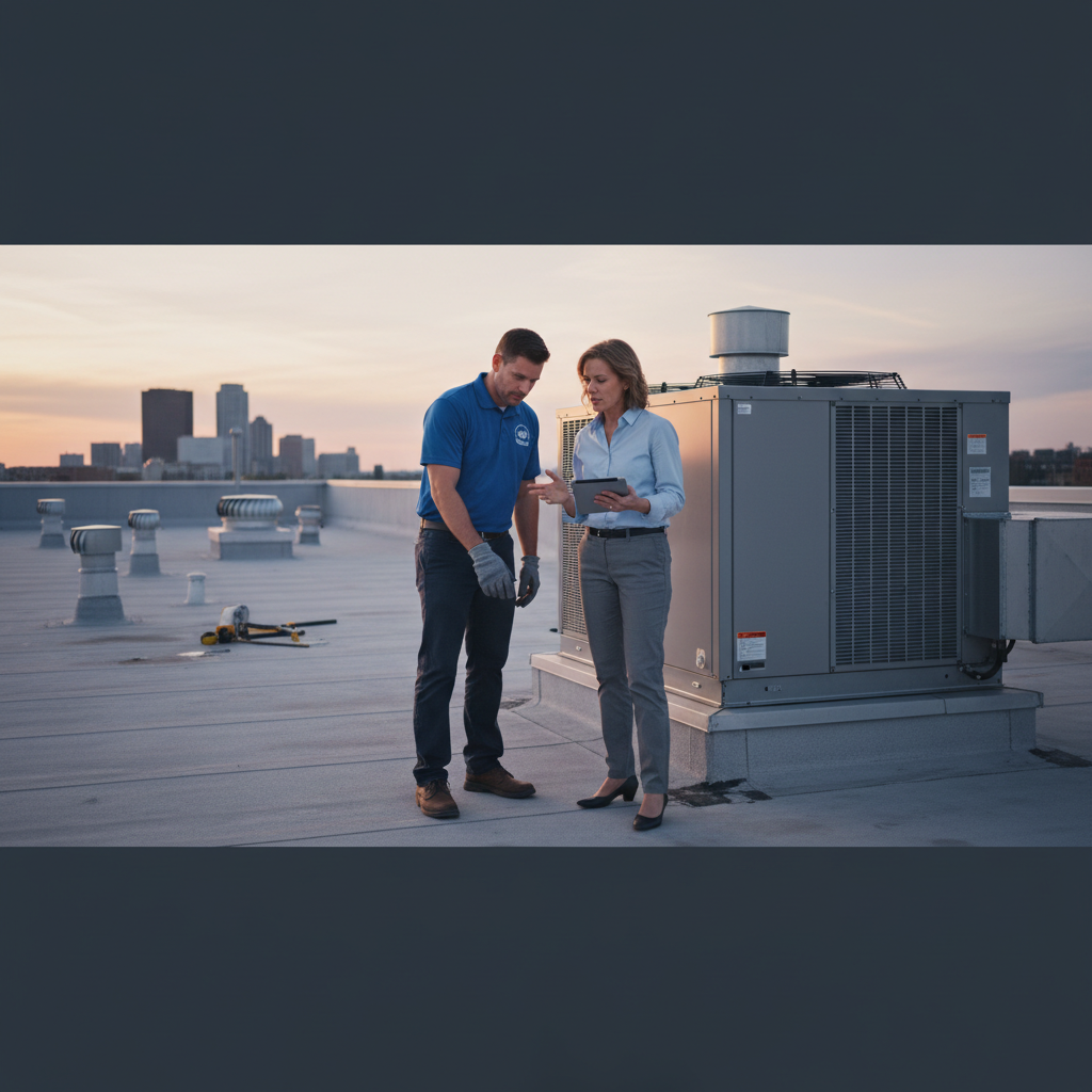 A roofer and a facility manager coordinating work around a large HVAC unit on a commercial rooftop.