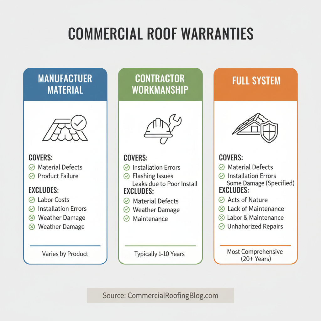 Diagram showing the differences between Manufacturer Material, Contractor Workmanship, and Full System commercial roof warranties.
