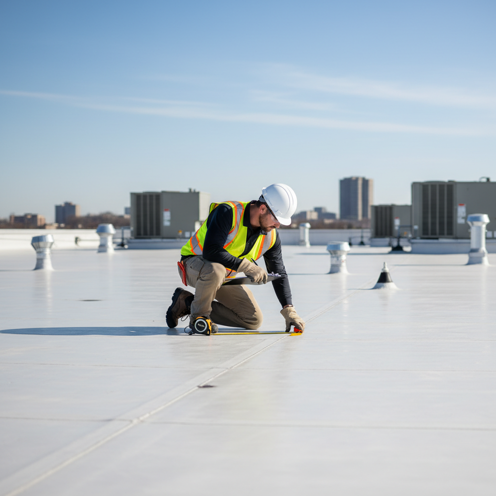 Roofing contractor inspecting a commercial roof membrane with a clipboard, representing workmanship importance.
