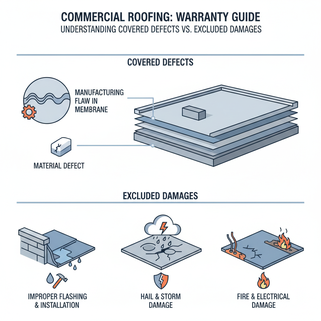 Infographic showing examples of covered vs. excluded damages on a commercial roof.