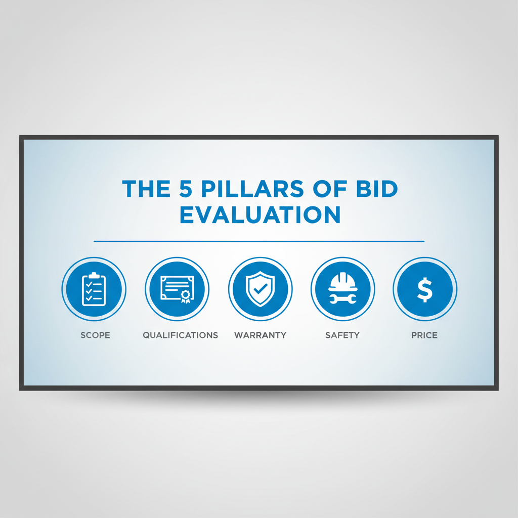 Five pillars of commercial roofing bid evaluation: Scope, Qualifications, Warranty, Safety, Price.