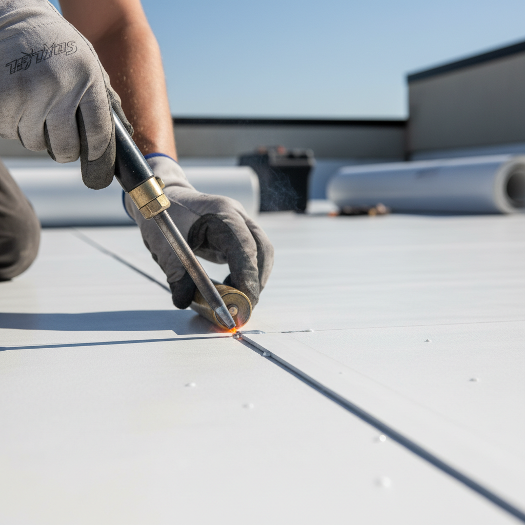 A close-up of a hot-air welded seam on a TPO commercial roof, showing quality installation.