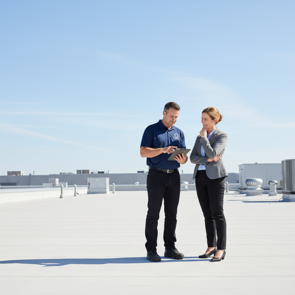 A TriVAN Roofing contractor reviews a project on a tablet with a DFW facility manager.