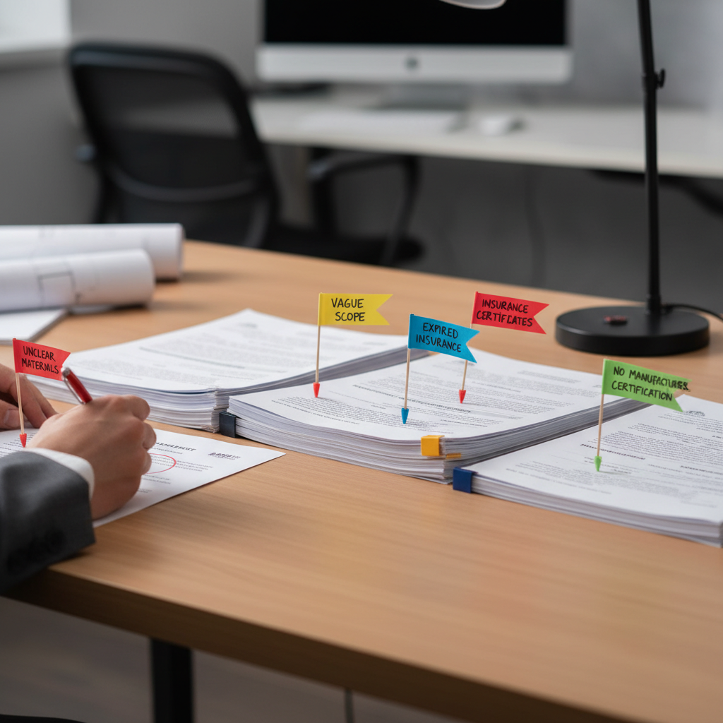 Commercial roofing bid documents with red flags and warning annotations