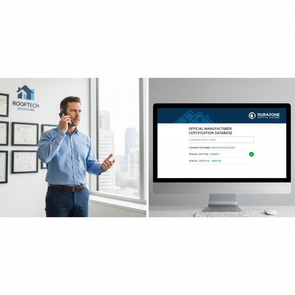 Professional verifying roofing contractor certification through manufacturer database
