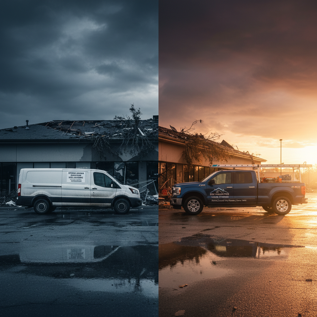 Storm chaser contractor van versus established local roofing company truck