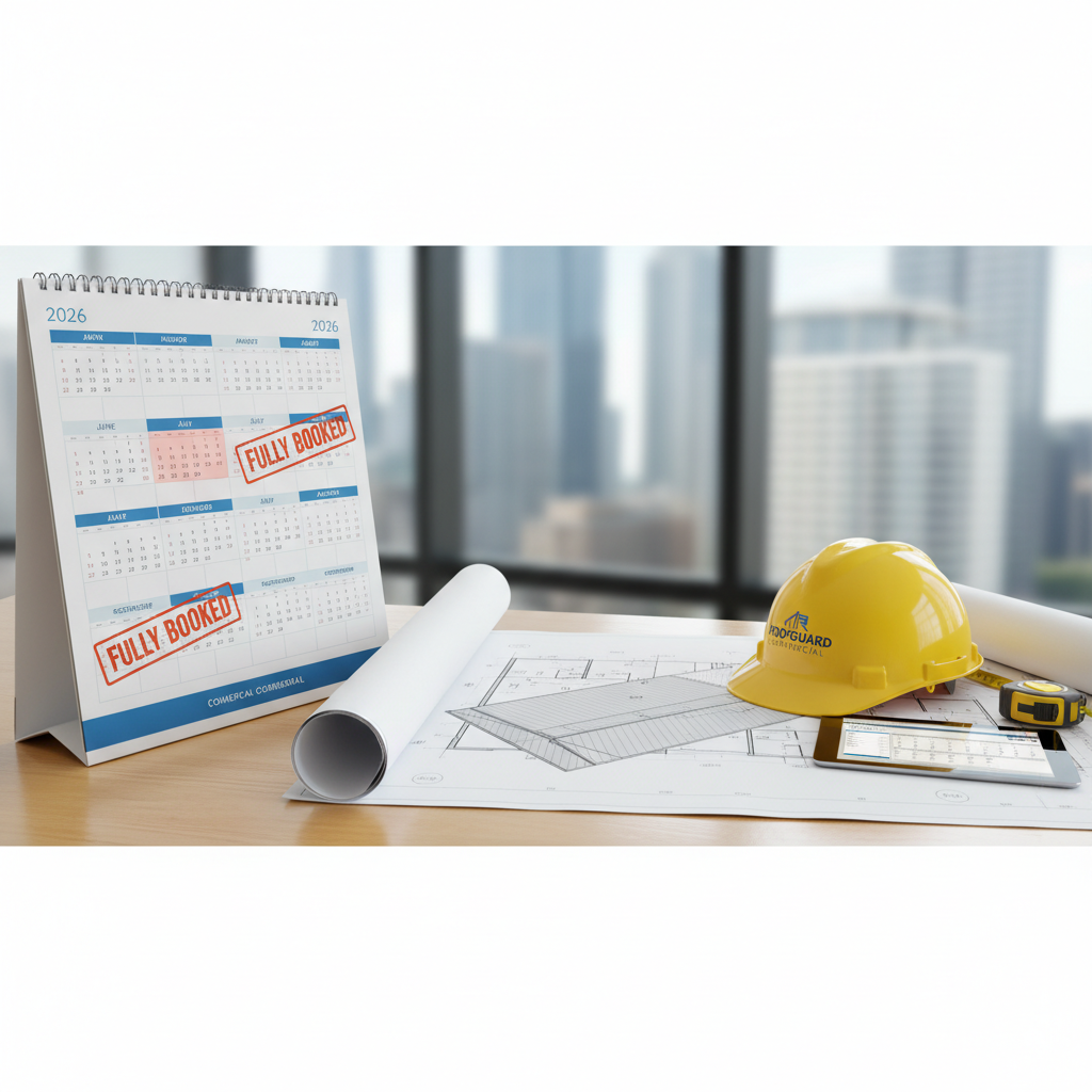 Project planning calendar showing long lead times for commercial roofing projects in DFW and OKC.