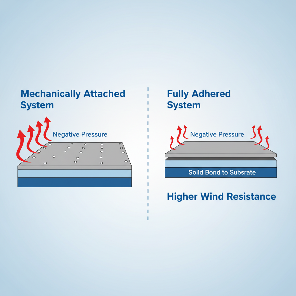 Diagram comparing wind uplift resistance of mechanically attached versus fully adhered commercial roofing systems.