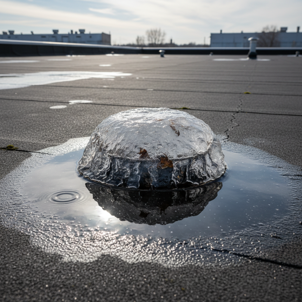 A commercial roof drain is completely blocked by thick ice, causing water to begin ponding on the flat roof.