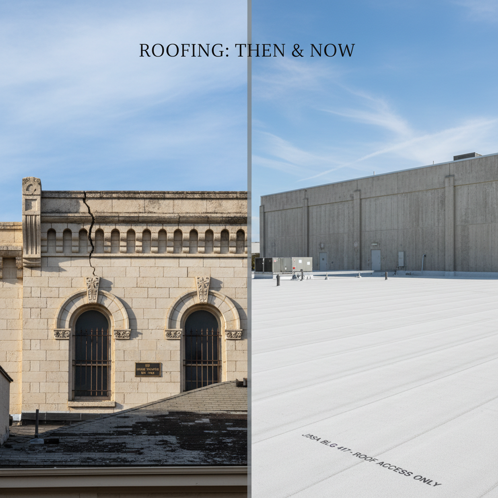A split image showing a historic limestone building on the left and a modern military facility on the right.